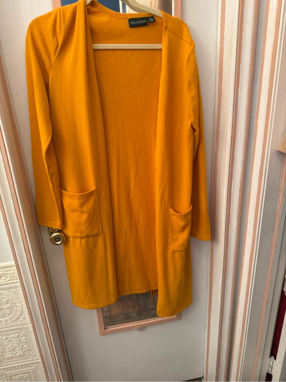 Nina Leonard Open-Front Cardigan set in Bright Yellow-Orange